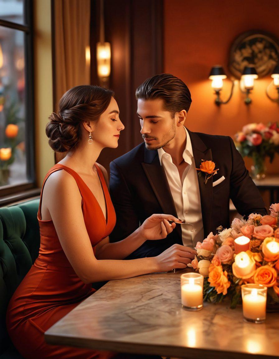 A sophisticated couple in an elegant café, sharing an intimate moment, surrounded by soft candlelight and floral arrangements. The woman wears a stylish outfit with chic accessories, while the man sports a tailored suit. The background features warm colors and luxurious decor, reflecting a romantic atmosphere. Ethereal light enhances the scene, evoking feelings of love and connection. super-realistic. vibrant colors. warm tones.