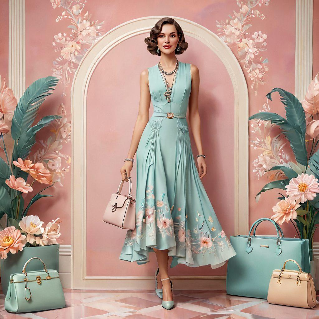 A fashionable woman standing confidently in an elegant, flowing dress, surrounded by an aura of adorning accessories. The background features soft pastel colors with delicate floral patterns, emphasizing sophistication and grace. Bright light enhances her charismatic smile, conveying confidence and admiration. The composition includes stylish shoes and a chic handbag beside her. Elegant art deco style. super-realistic. vibrant colors.
