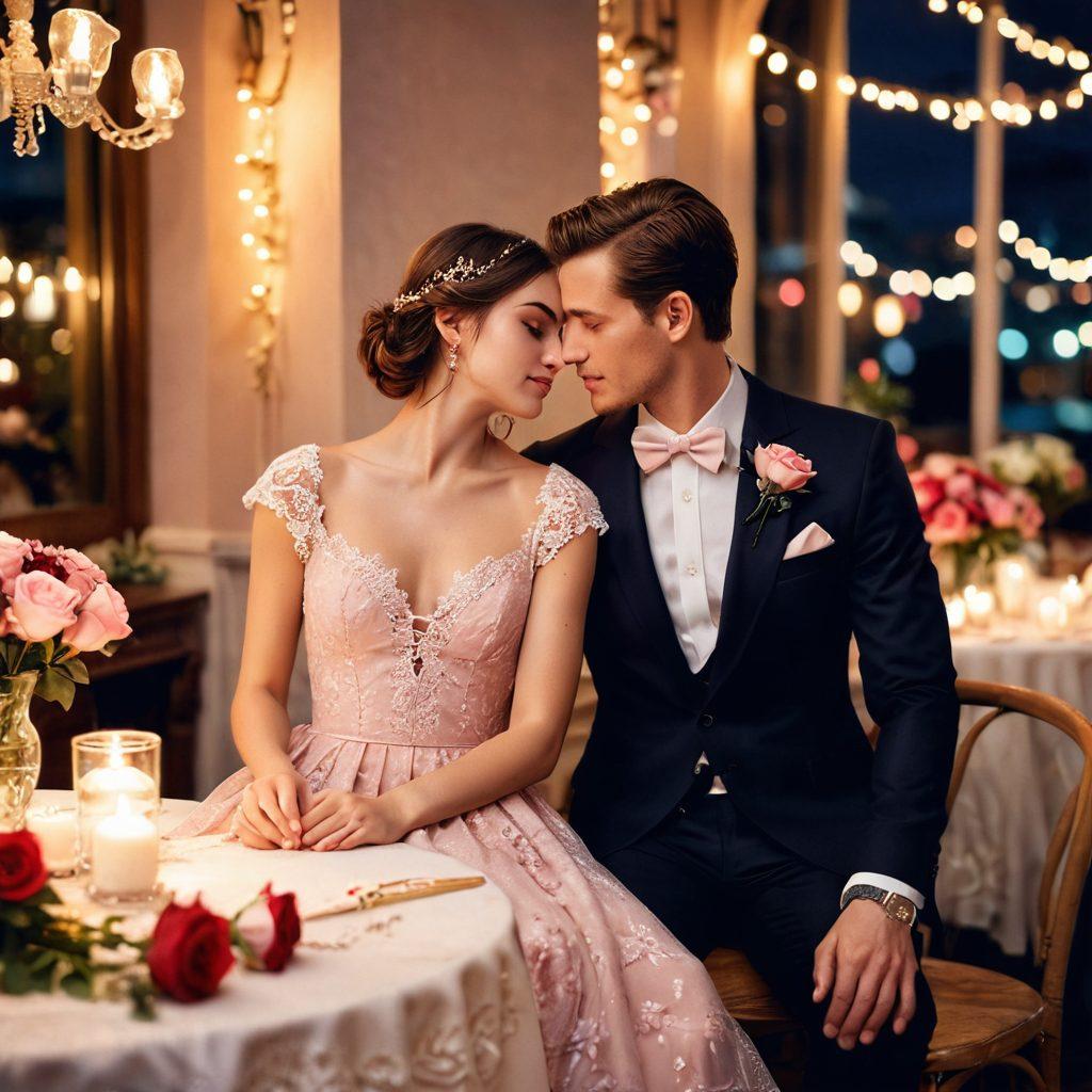 A romantic fashion scene featuring a beautifully dressed couple in a cozy, candlelit restaurant setting. The woman wears a flowing, floral-patterned dress with delicate lace accents, while the man is in a sharp, tailored suit. Surround them with soft pink and red roses, and twinkling fairy lights to evoke a warm, enchanting atmosphere. Include a stylish fashion guidebook on the table that hints at personal style tips. super-realistic. vibrant colors. soft focus.